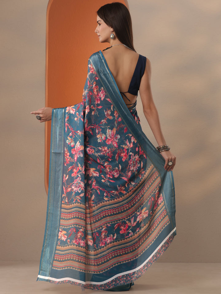 Blue Printed Georgette Saree With Unstitched Blouse Piece