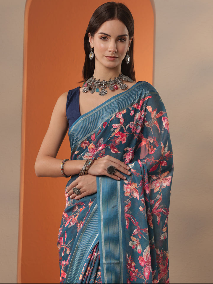 Blue Printed Georgette Saree With Unstitched Blouse Piece