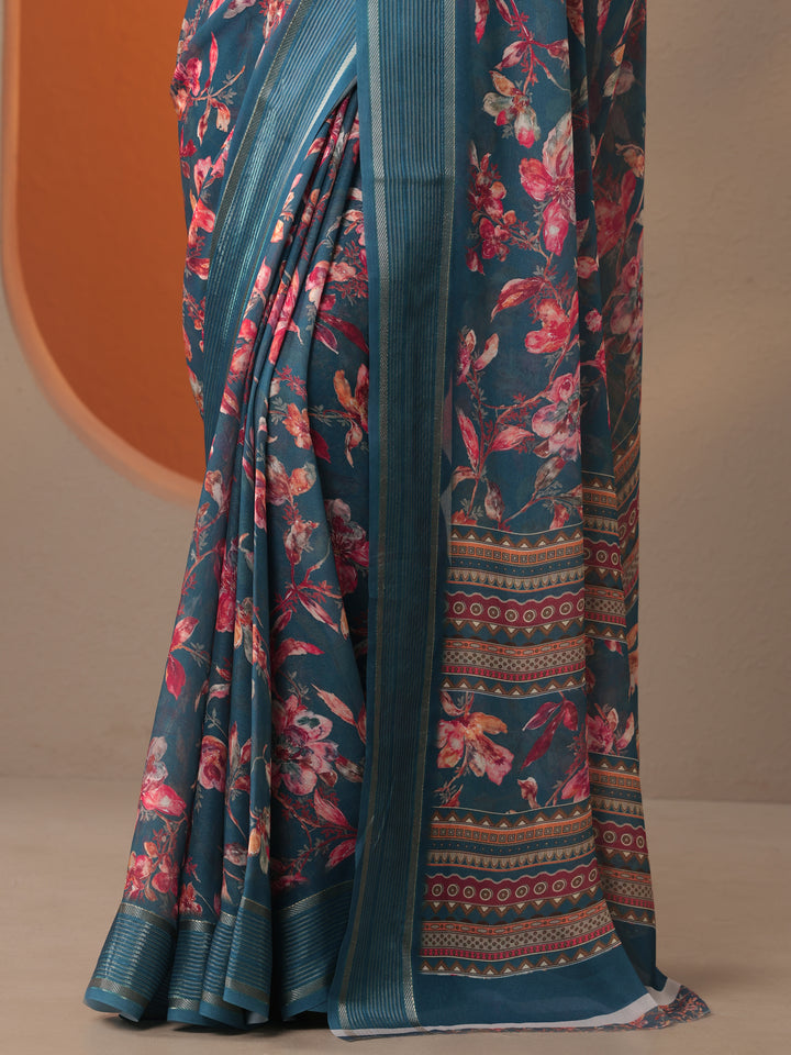 Blue Printed Georgette Saree With Unstitched Blouse Piece