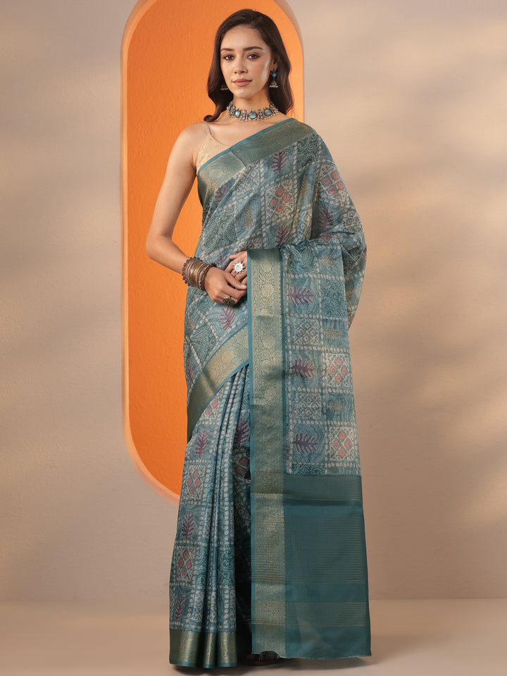 Blue Printed Kota Saree With Unstitched Blouse Piece