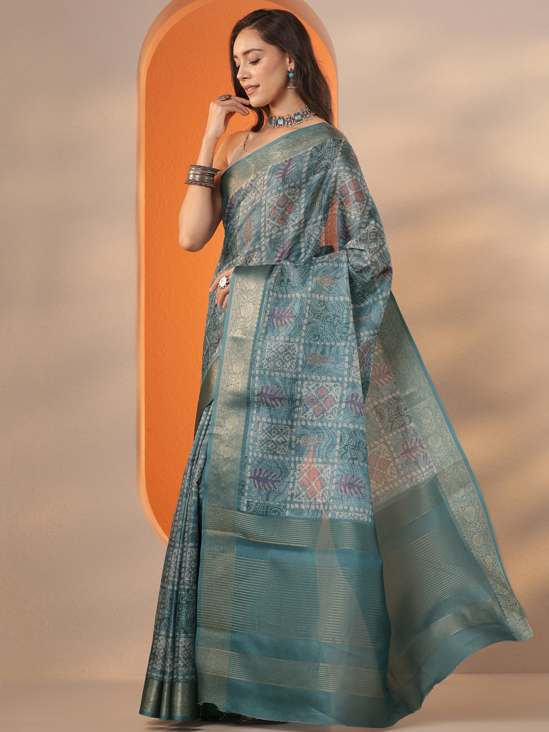 Blue Printed Kota Saree With Unstitched Blouse Piece
