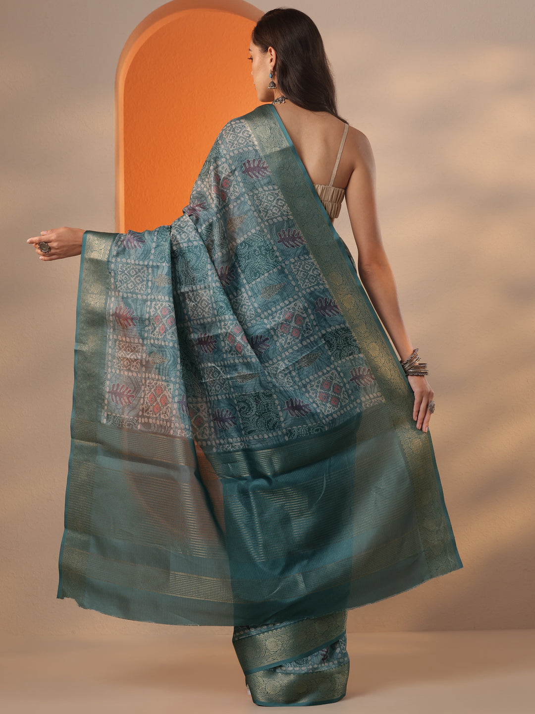 Blue Printed Kota Saree With Unstitched Blouse Piece
