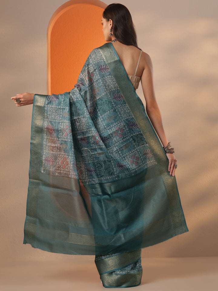 Blue Printed Kota Saree With Unstitched Blouse Piece