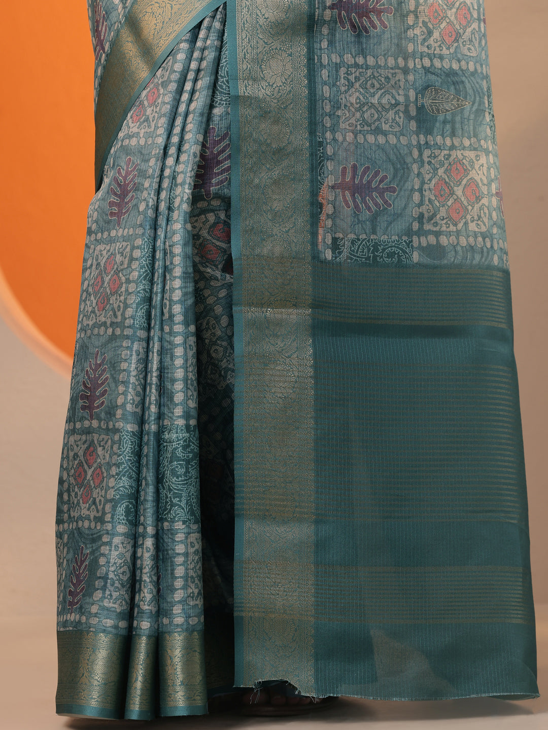 Blue Printed Kota Saree With Unstitched Blouse Piece