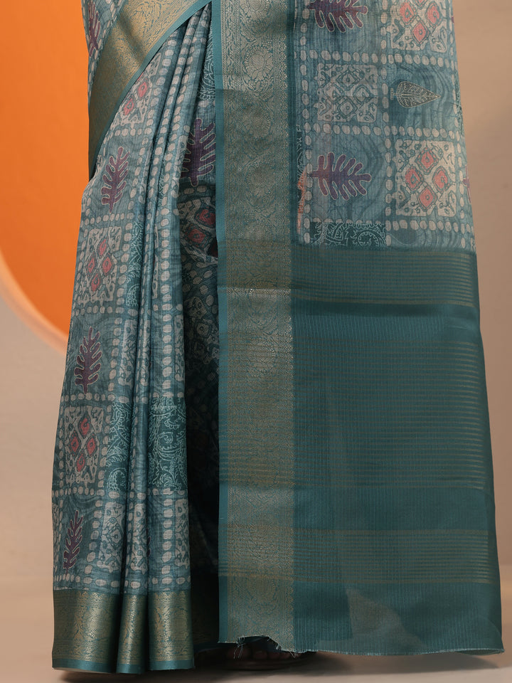 Blue Printed Kota Saree With Unstitched Blouse Piece
