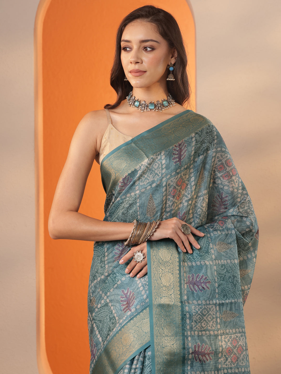 Blue Printed Kota Saree With Unstitched Blouse Piece