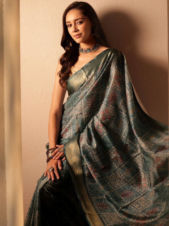 Blue Printed Kota Saree With Unstitched Blouse Piece