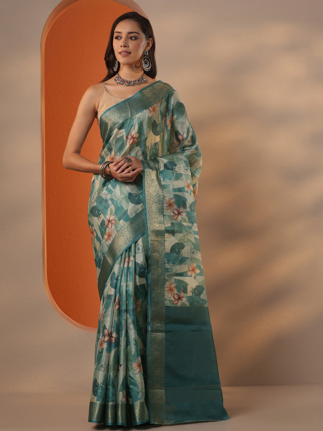 Green Printed Kota Saree With Unstitched Blouse Piece