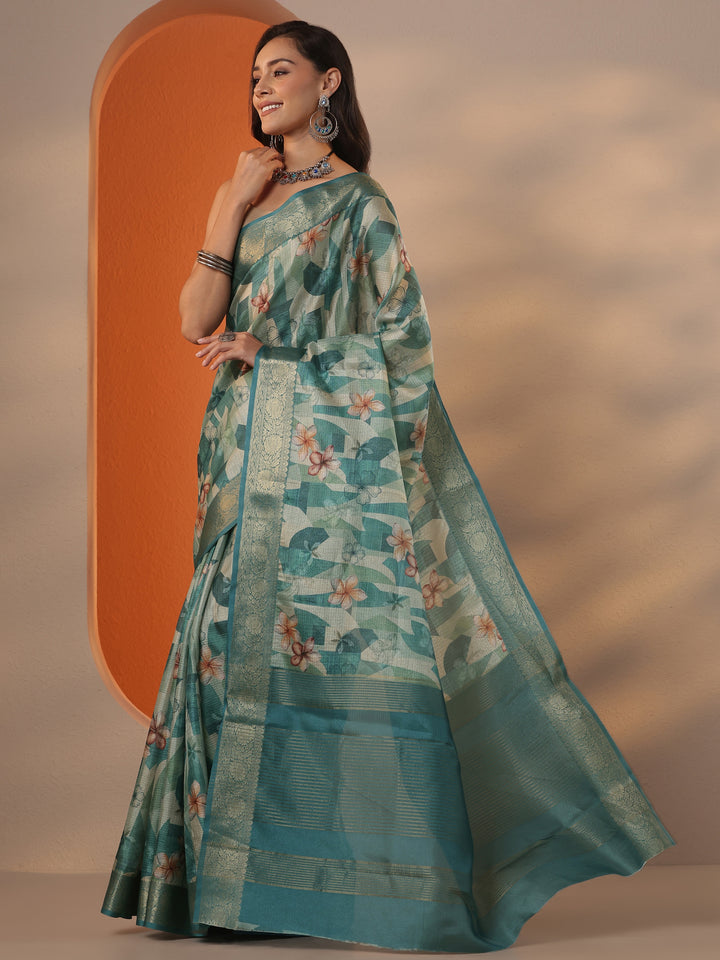 Green Printed Kota Saree With Unstitched Blouse Piece