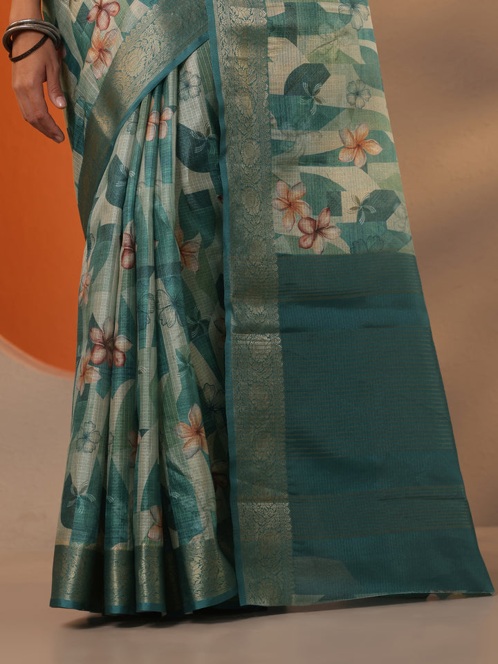Green Printed Kota Saree With Unstitched Blouse Piece