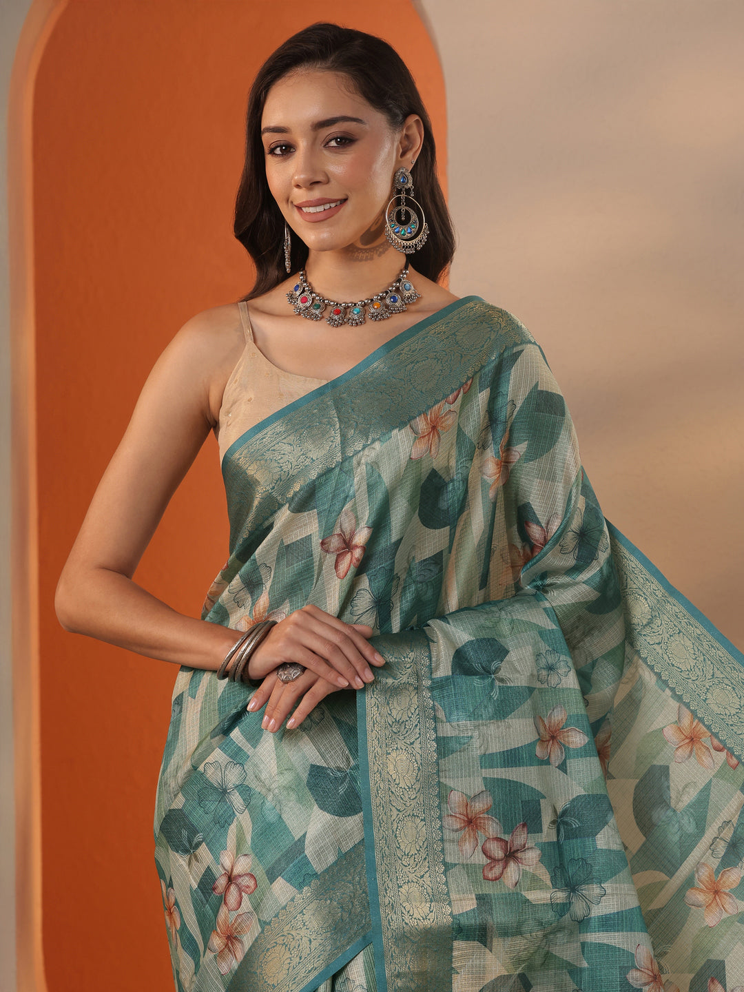 Green Printed Kota Saree With Unstitched Blouse Piece