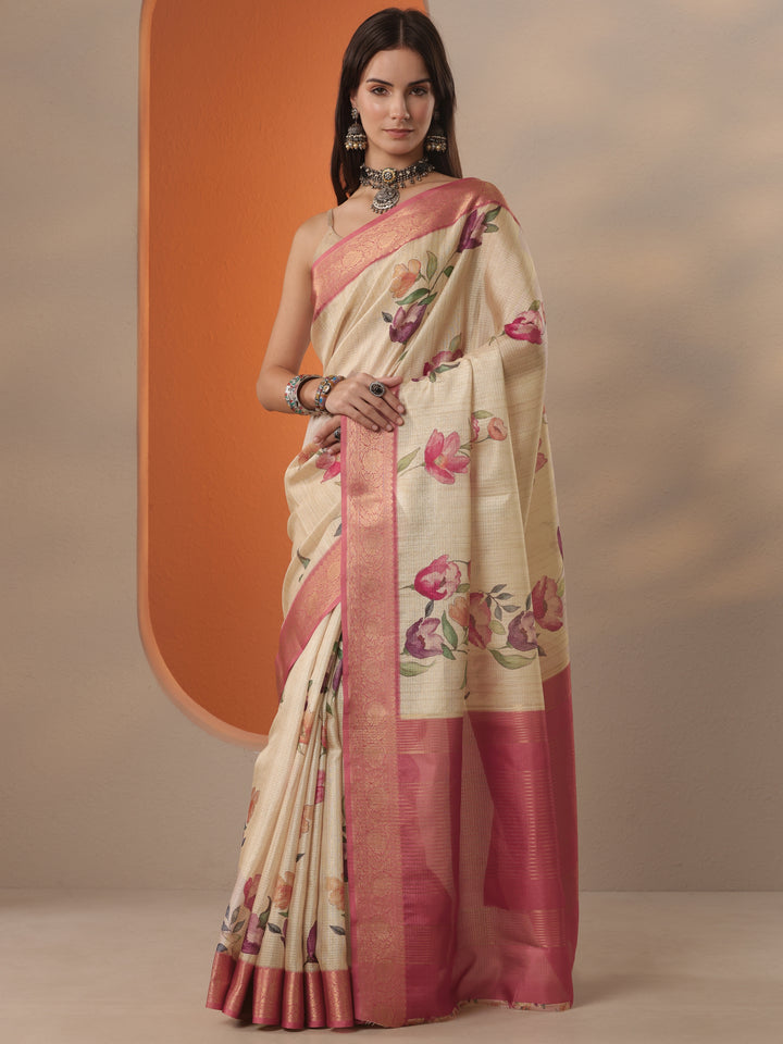 Beige Printed Kota Saree With Unstitched Blouse Piece