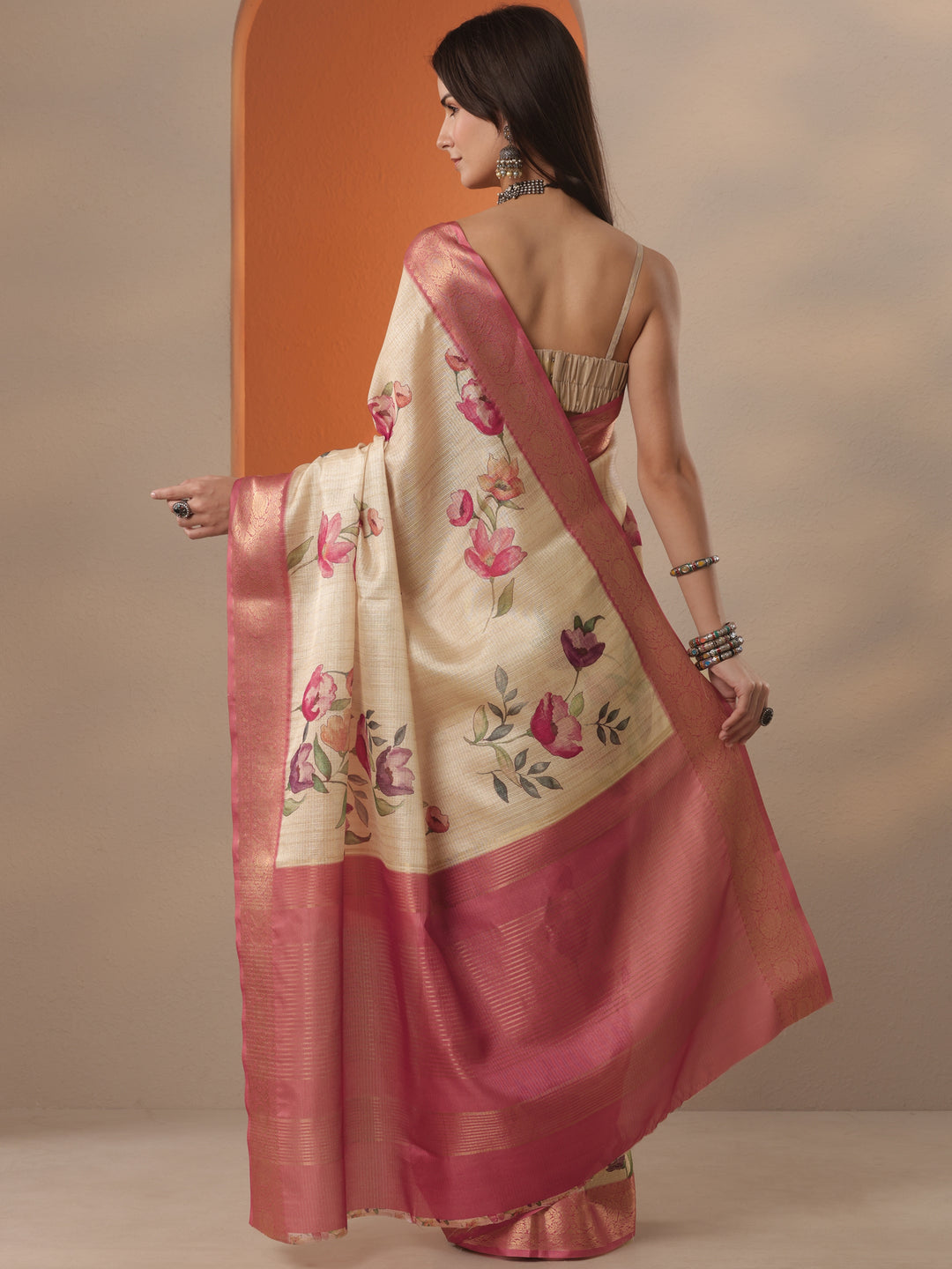 Beige Printed Kota Saree With Unstitched Blouse Piece