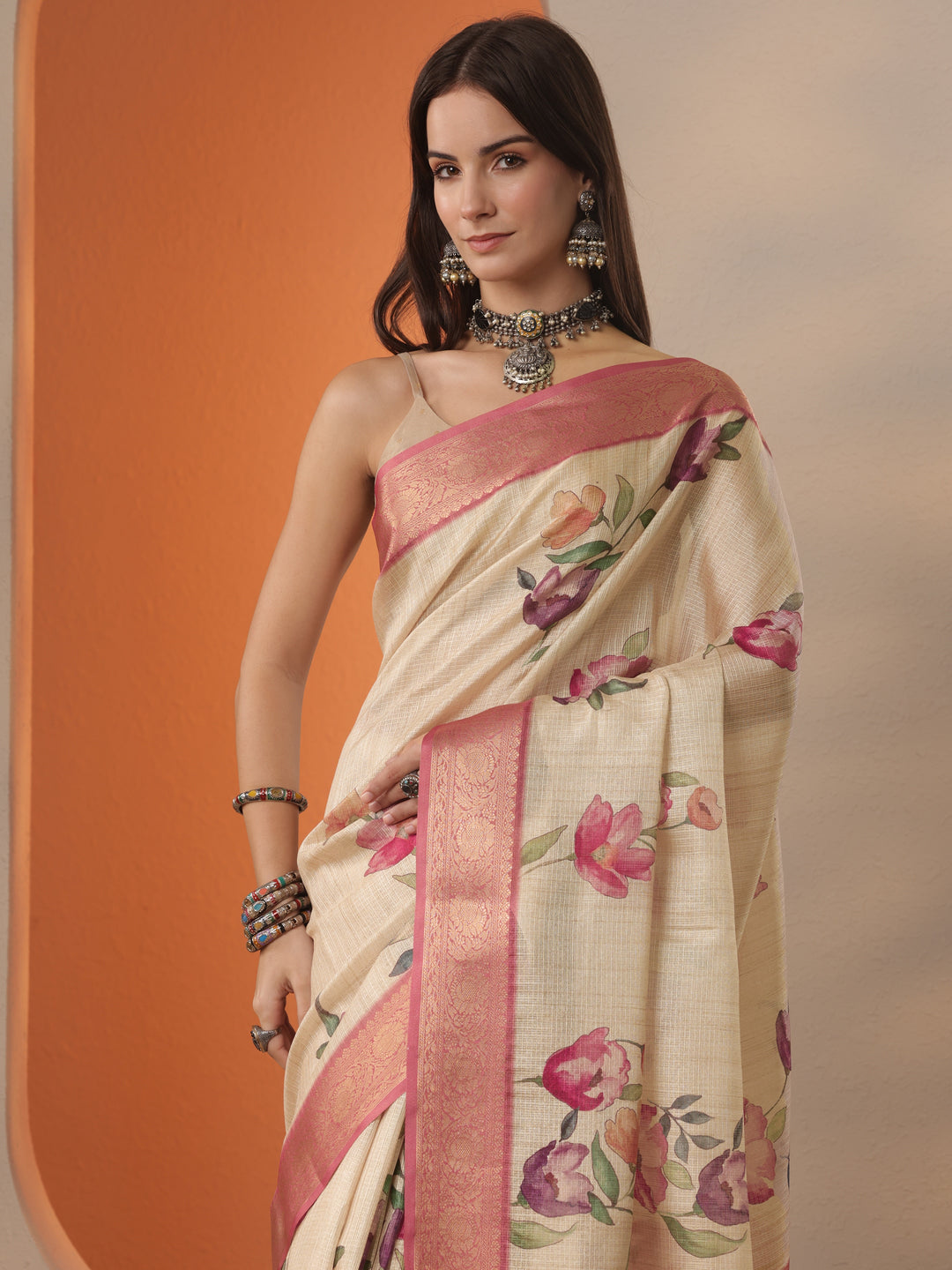 Beige Printed Kota Saree With Unstitched Blouse Piece