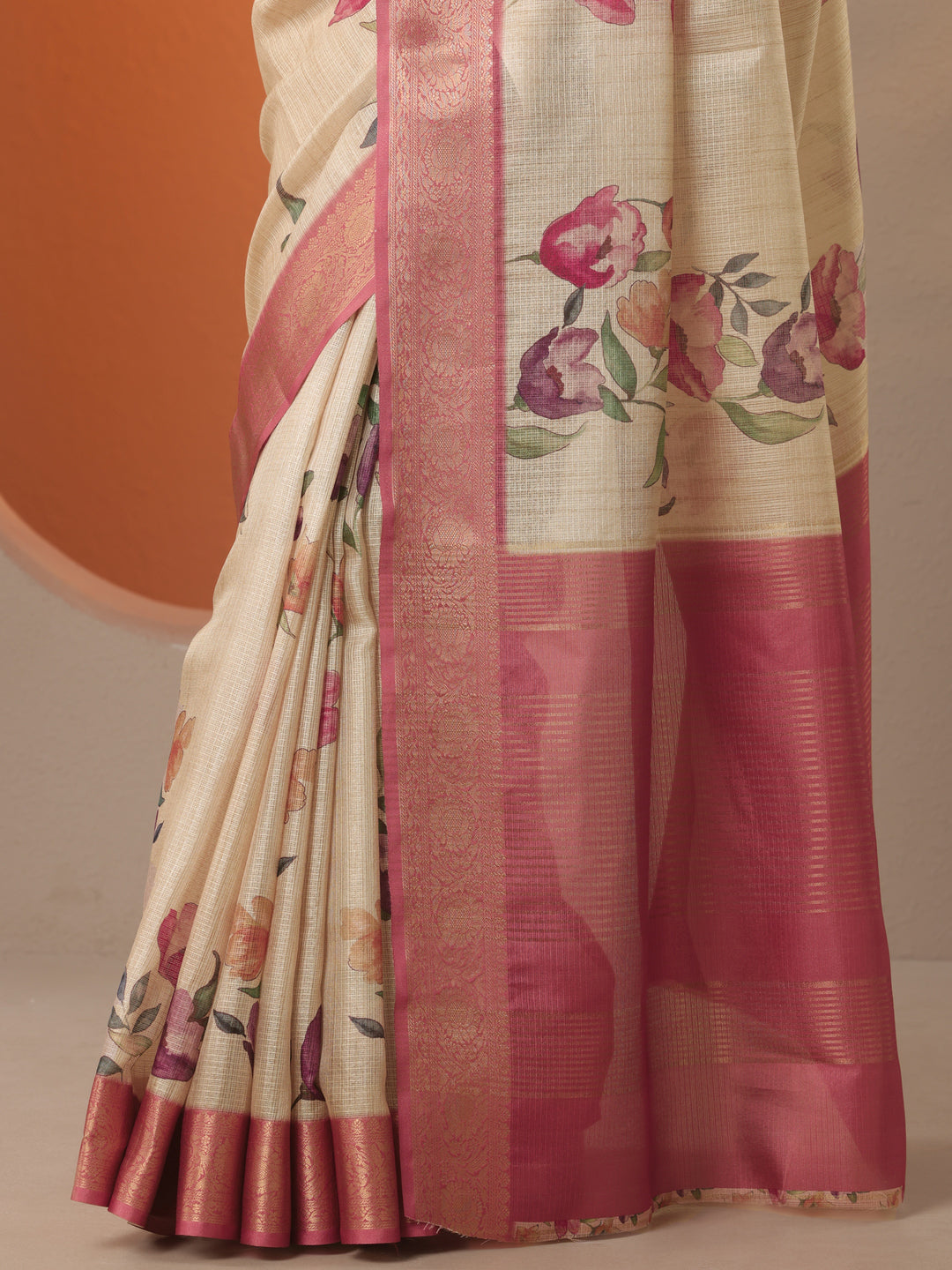 Beige Printed Kota Saree With Unstitched Blouse Piece