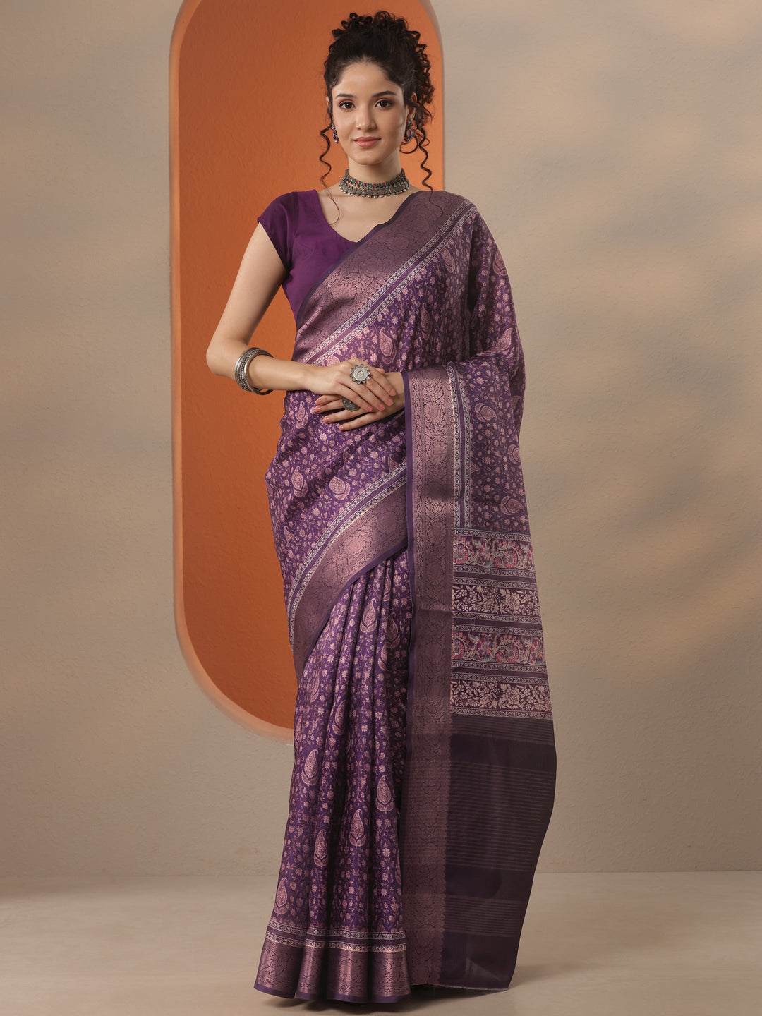 Purple Printed Kota Saree With Unstitched Blouse Piece