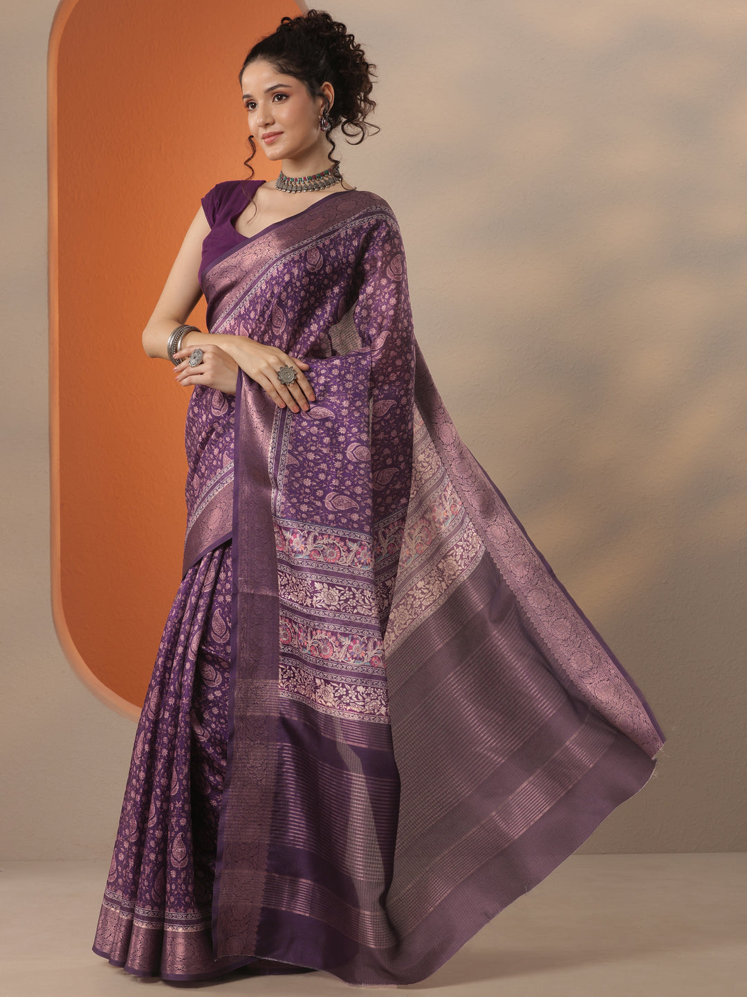 Purple Printed Kota Saree With Unstitched Blouse Piece