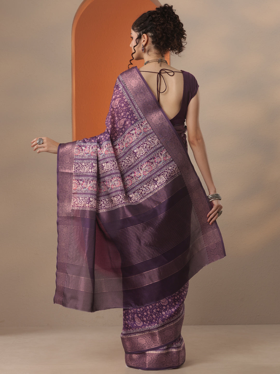 Purple Printed Kota Saree With Unstitched Blouse Piece