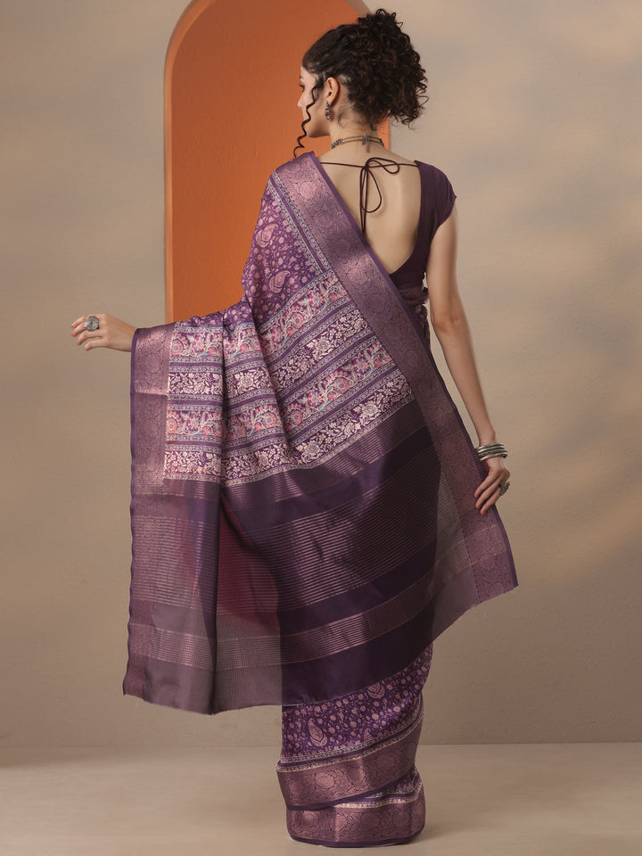 Purple Printed Kota Saree With Unstitched Blouse Piece