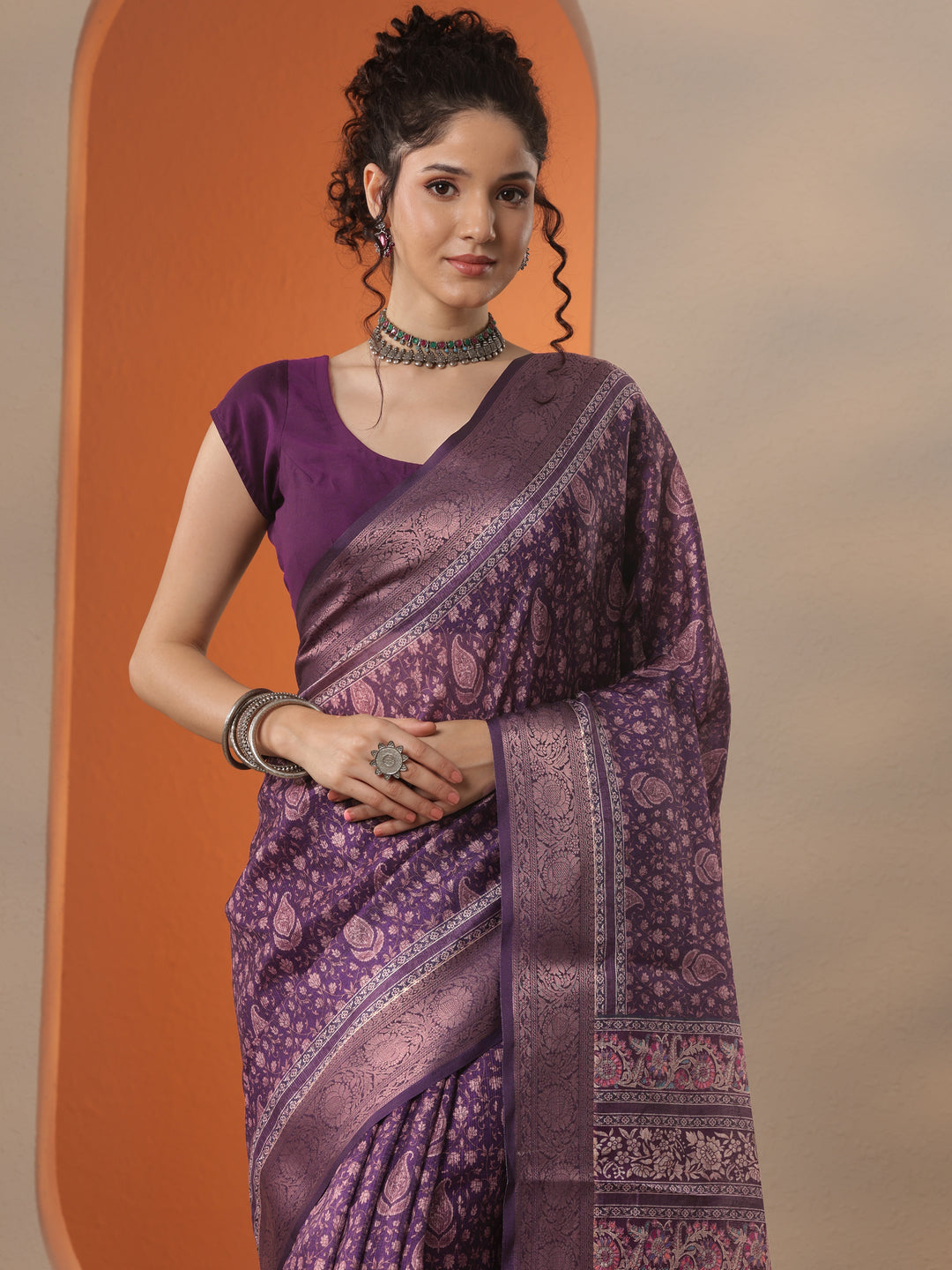 Purple Printed Kota Saree With Unstitched Blouse Piece