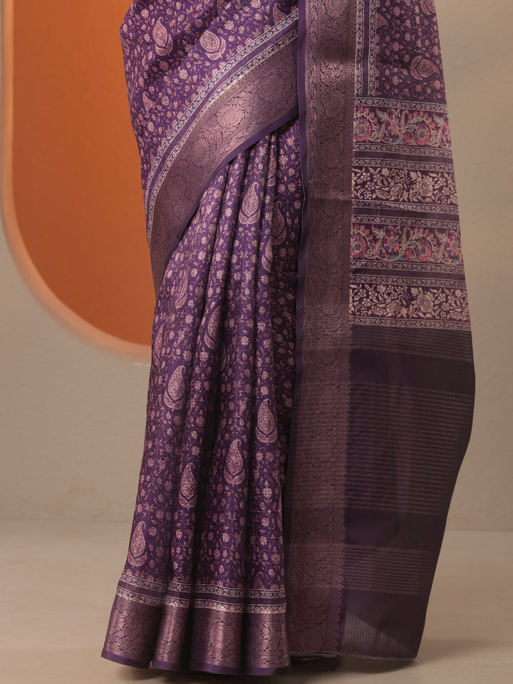 Purple Printed Kota Saree With Unstitched Blouse Piece