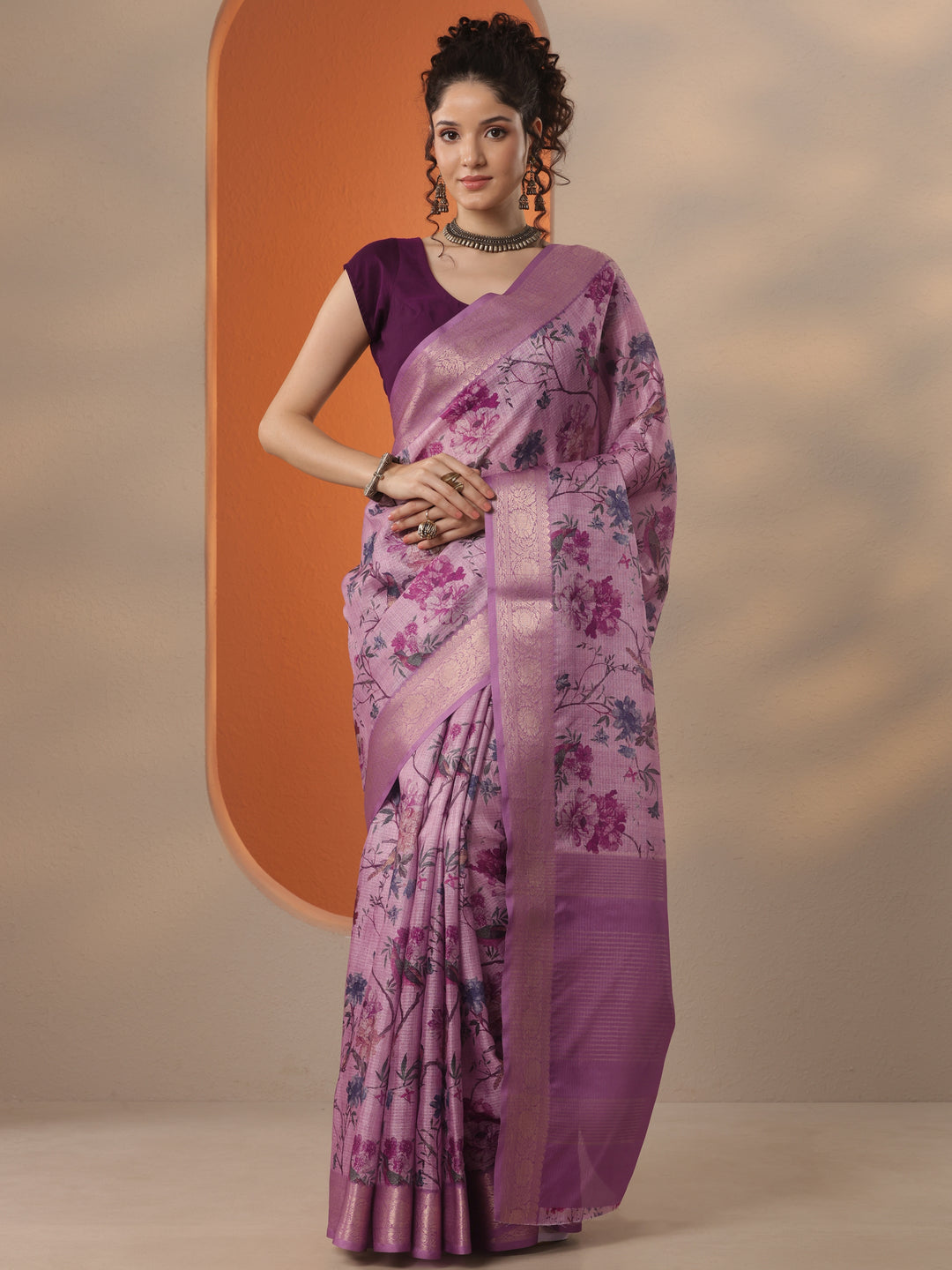Mauve Printed Kota Saree With Unstitched Blouse Piece