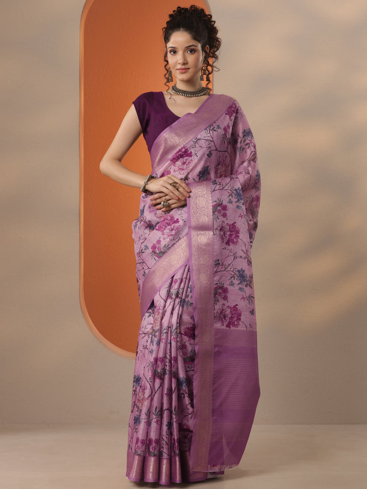 Mauve Printed Kota Saree With Unstitched Blouse Piece
