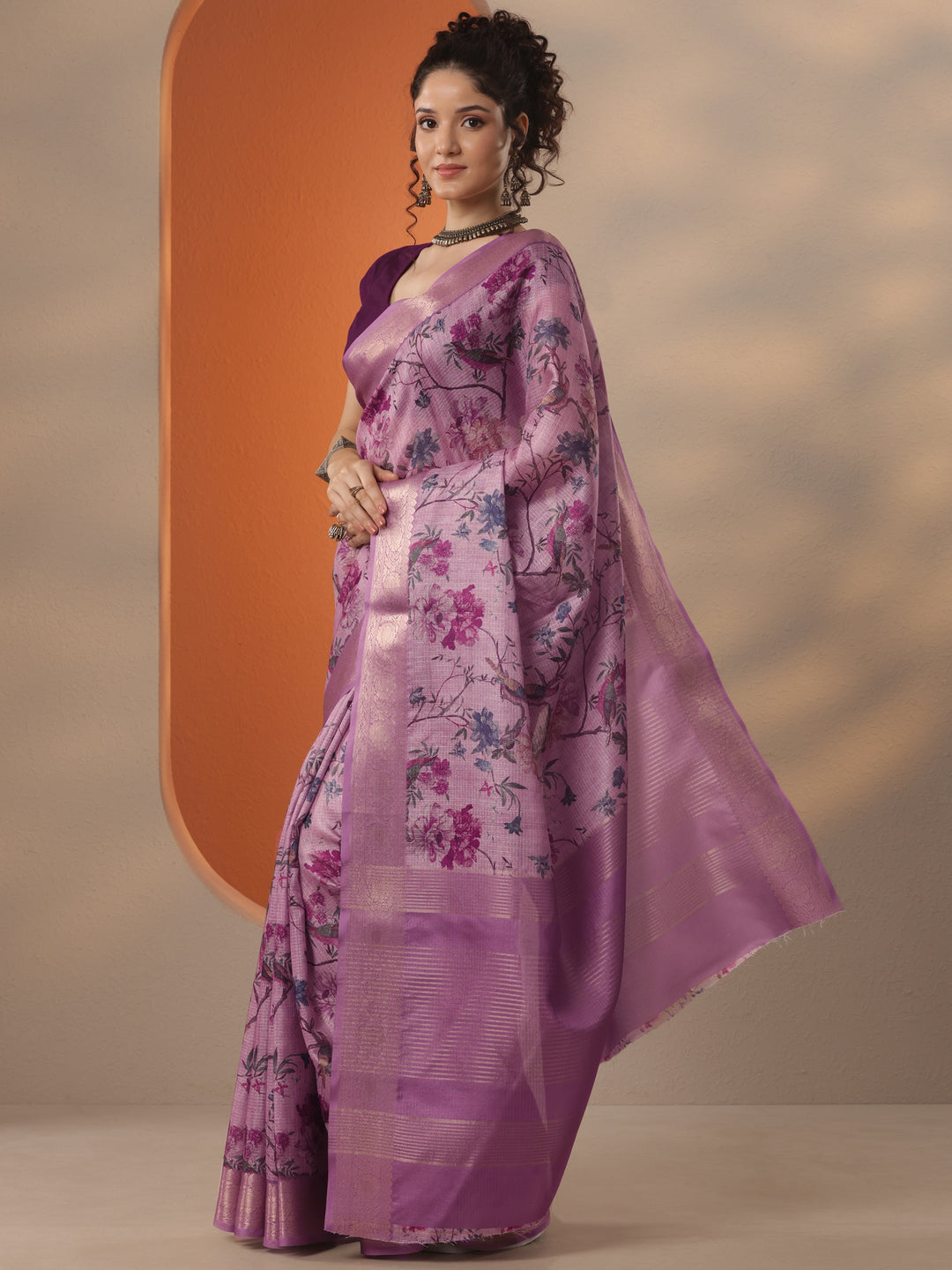 Mauve Printed Kota Saree With Unstitched Blouse Piece