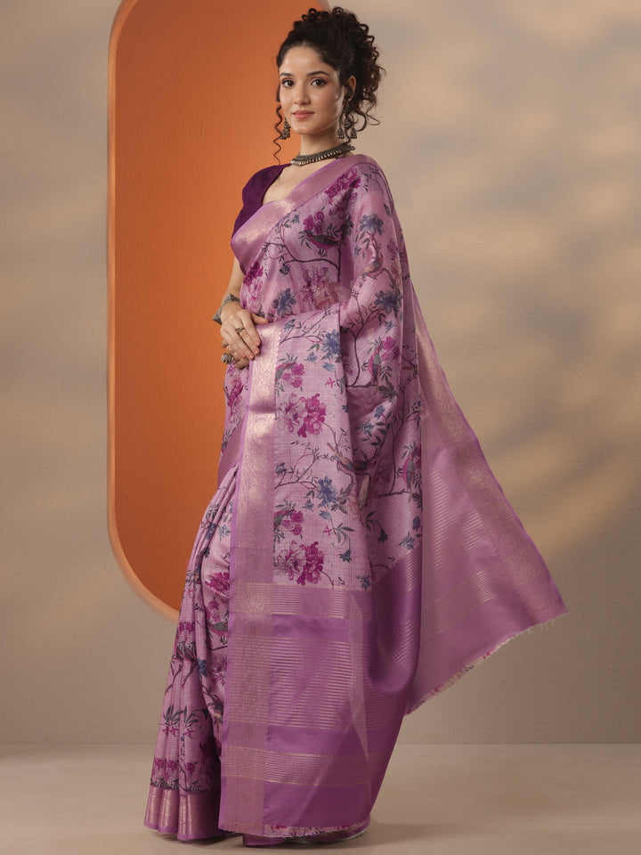 Mauve Printed Kota Saree With Unstitched Blouse Piece