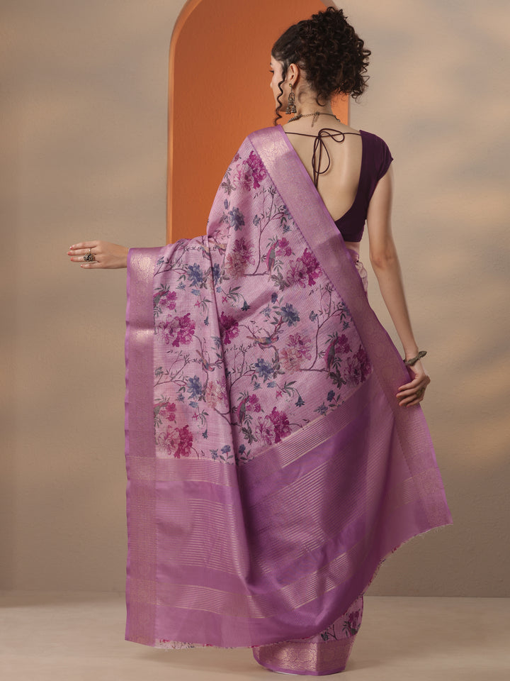 Mauve Printed Kota Saree With Unstitched Blouse Piece