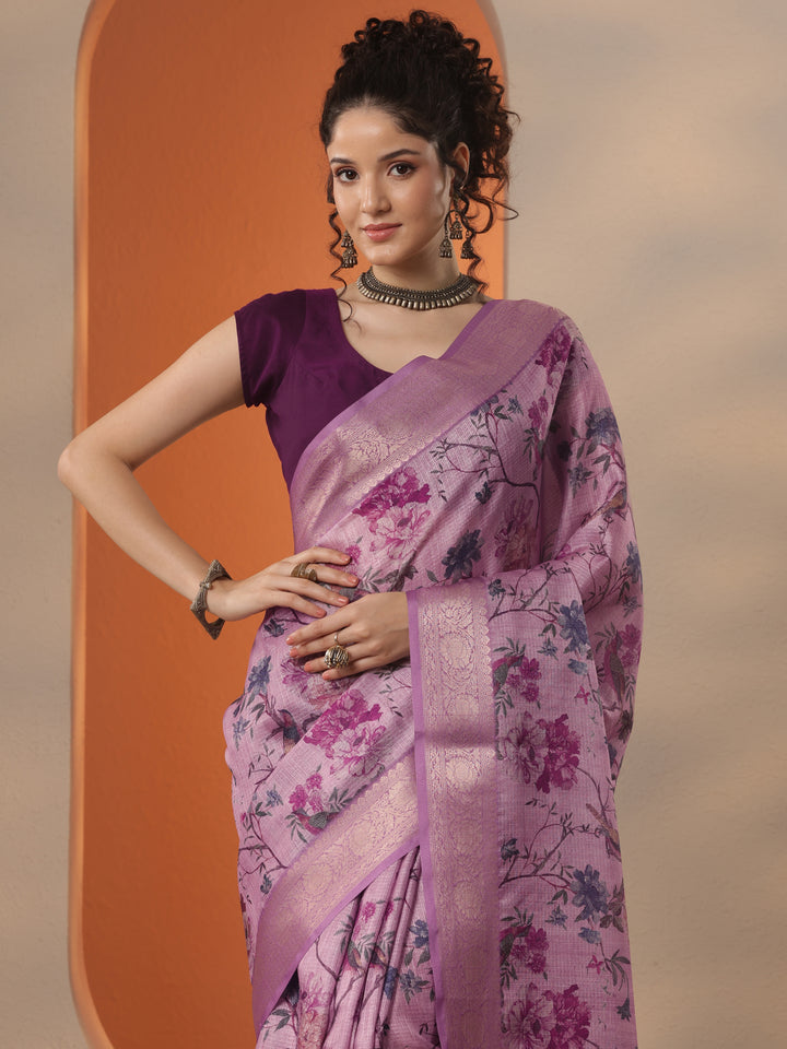 Mauve Printed Kota Saree With Unstitched Blouse Piece