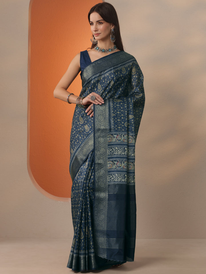 Navy Blue Printed Kota Saree With Unstitched Blouse Piece