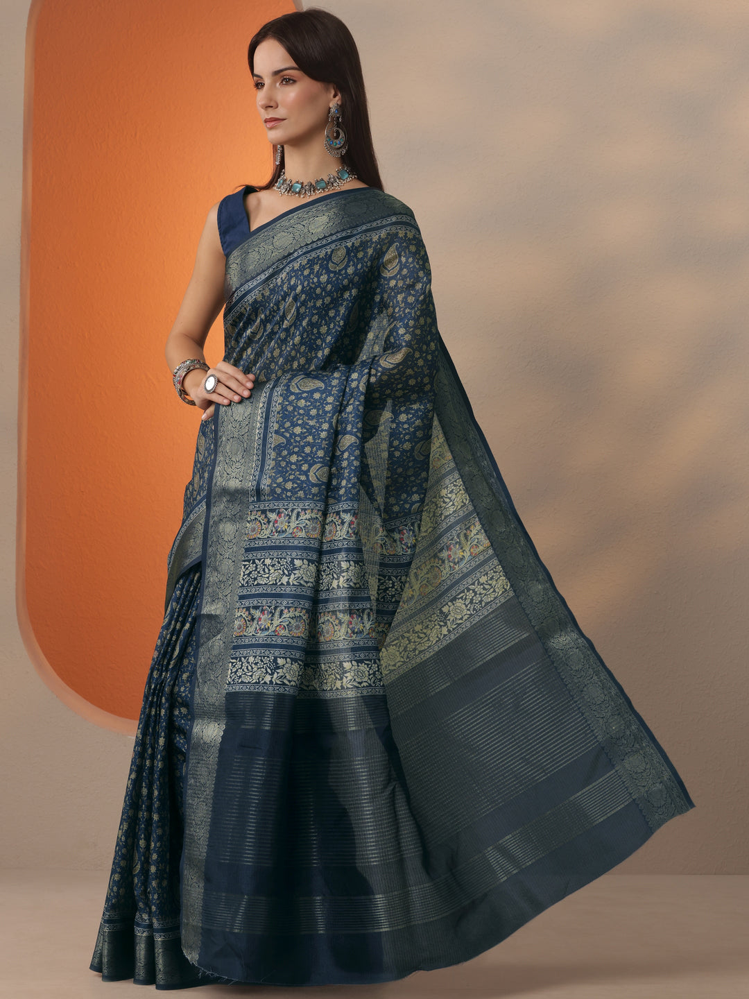Navy Blue Printed Kota Saree With Unstitched Blouse Piece