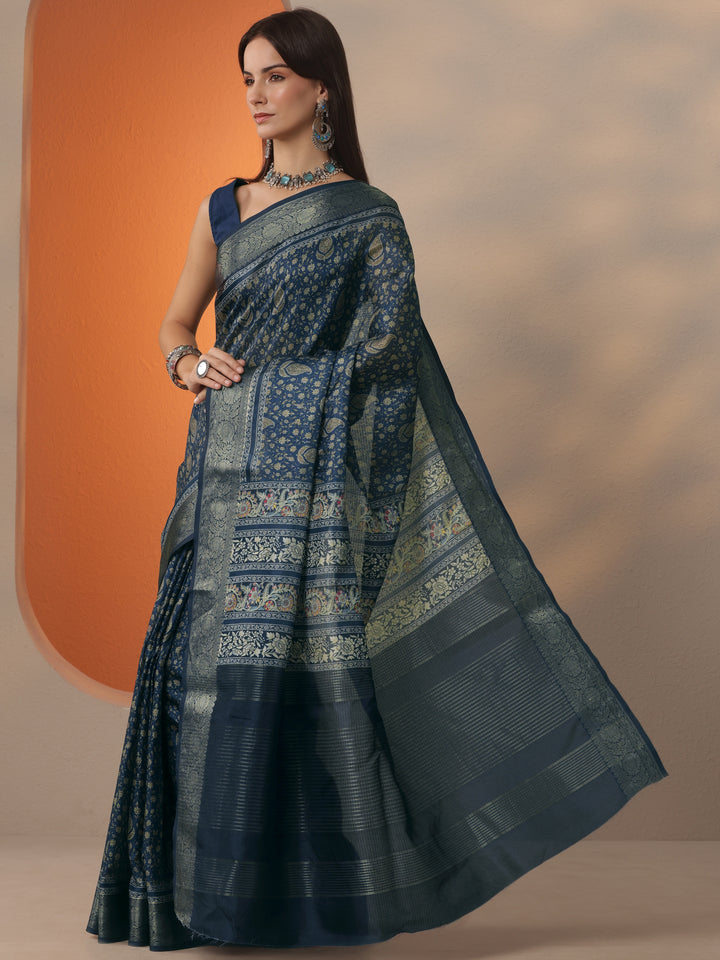 Navy Blue Printed Kota Saree With Unstitched Blouse Piece