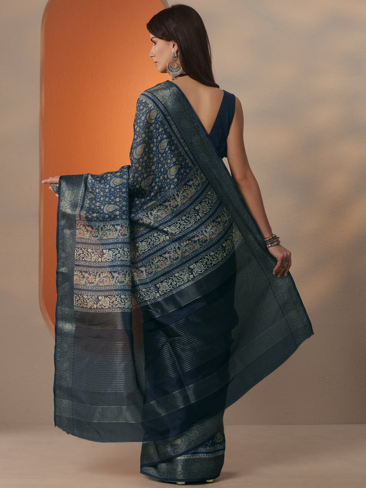 Navy Blue Printed Kota Saree With Unstitched Blouse Piece