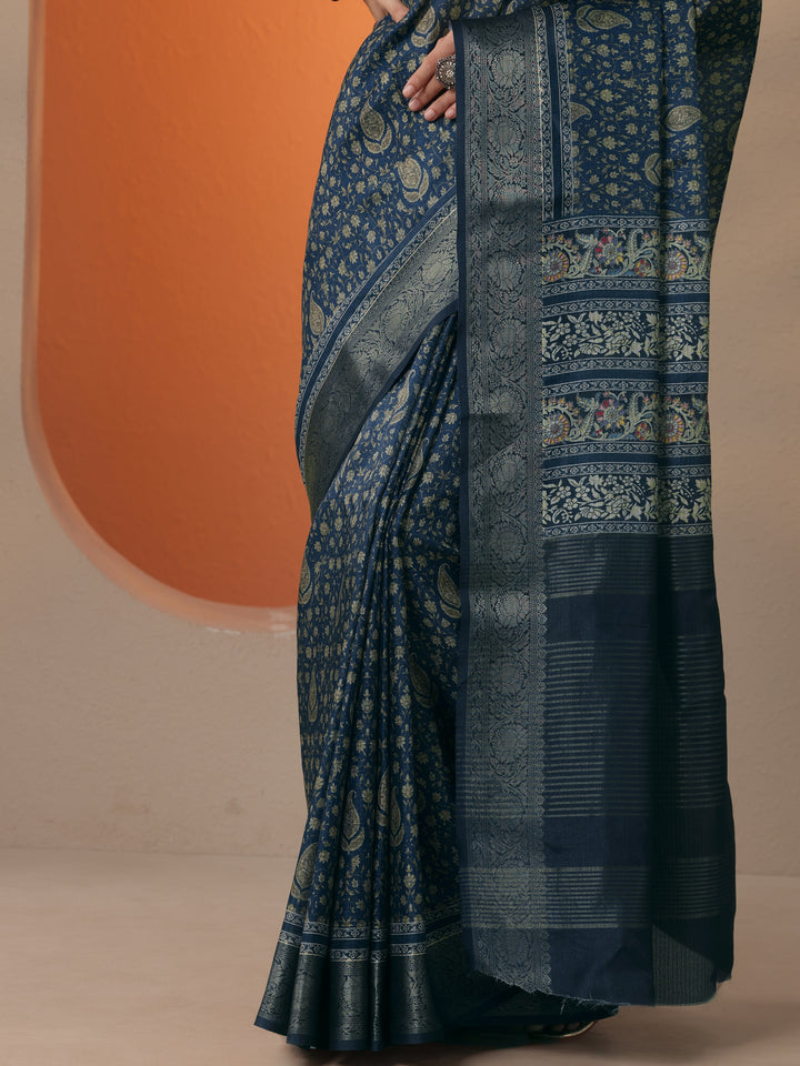 Navy Blue Printed Kota Saree With Unstitched Blouse Piece