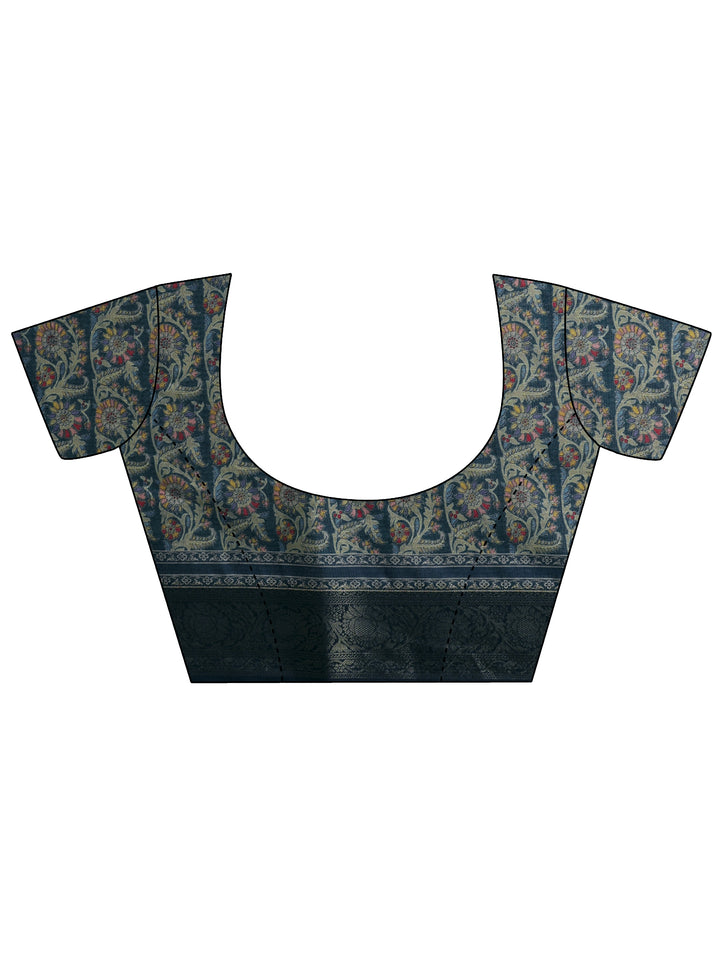 Navy Blue Printed Kota Saree With Unstitched Blouse Piece