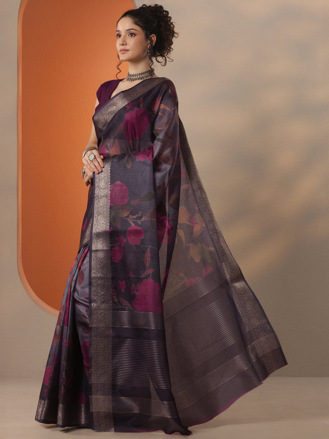 Grey Printed Kota Saree With Unstitched Blouse Piece