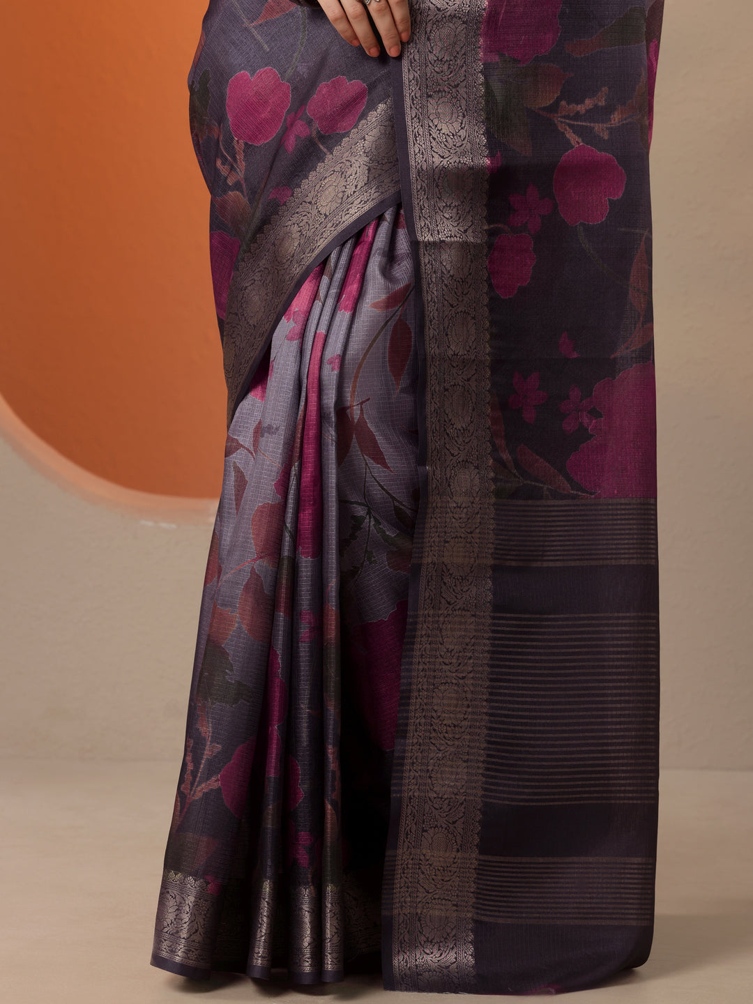 Grey Printed Kota Saree With Unstitched Blouse Piece