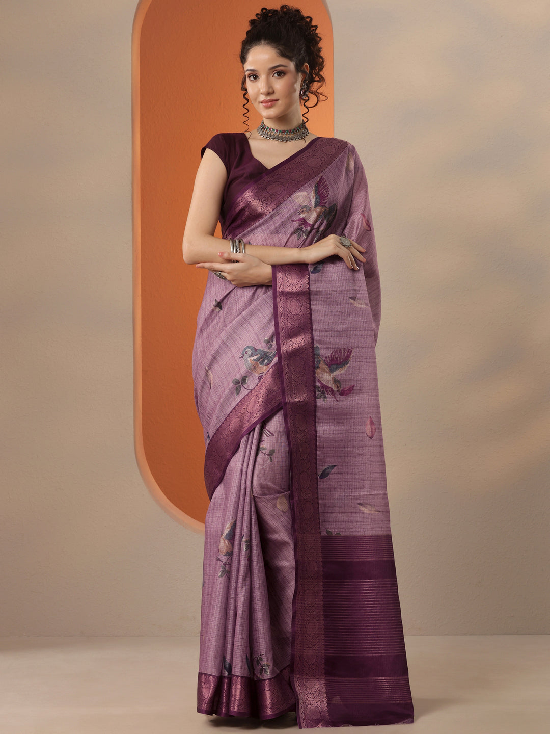 Lavender Printed Kota Saree With Unstitched Blouse Piece