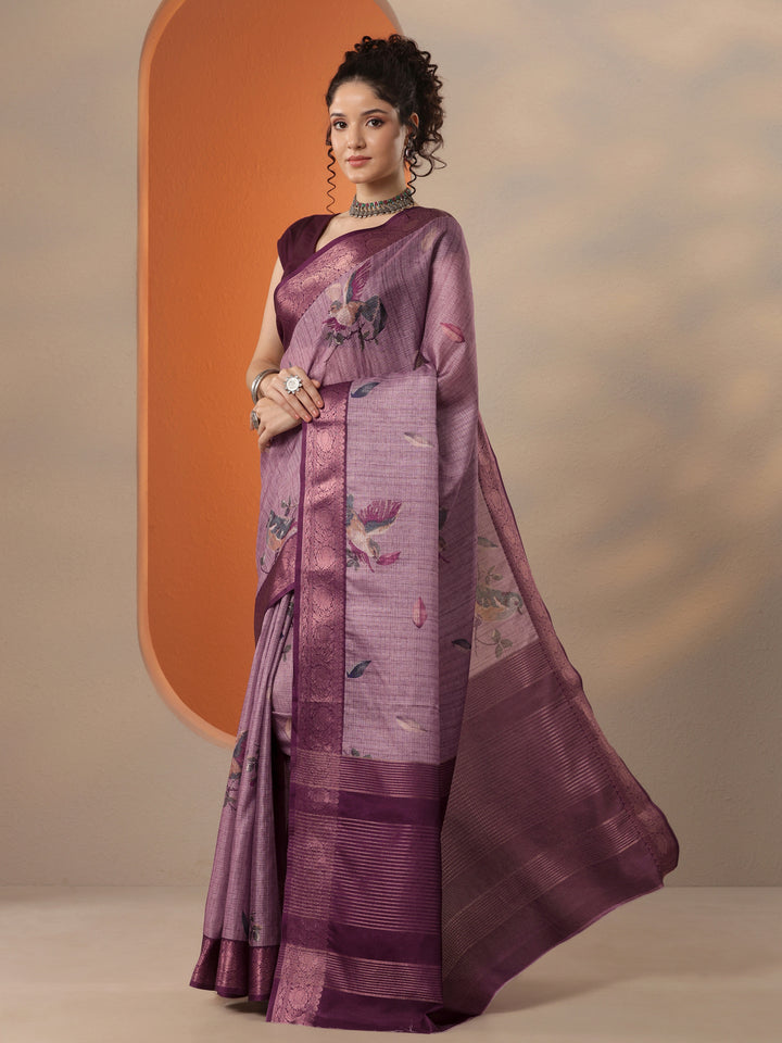 Lavender Printed Kota Saree With Unstitched Blouse Piece