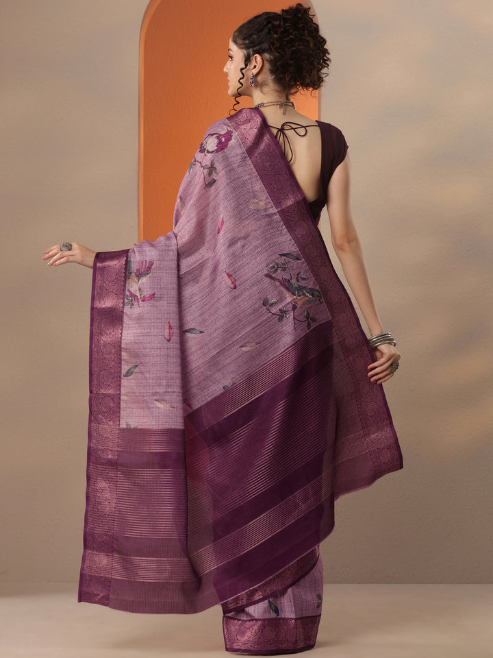 Lavender Printed Kota Saree With Unstitched Blouse Piece