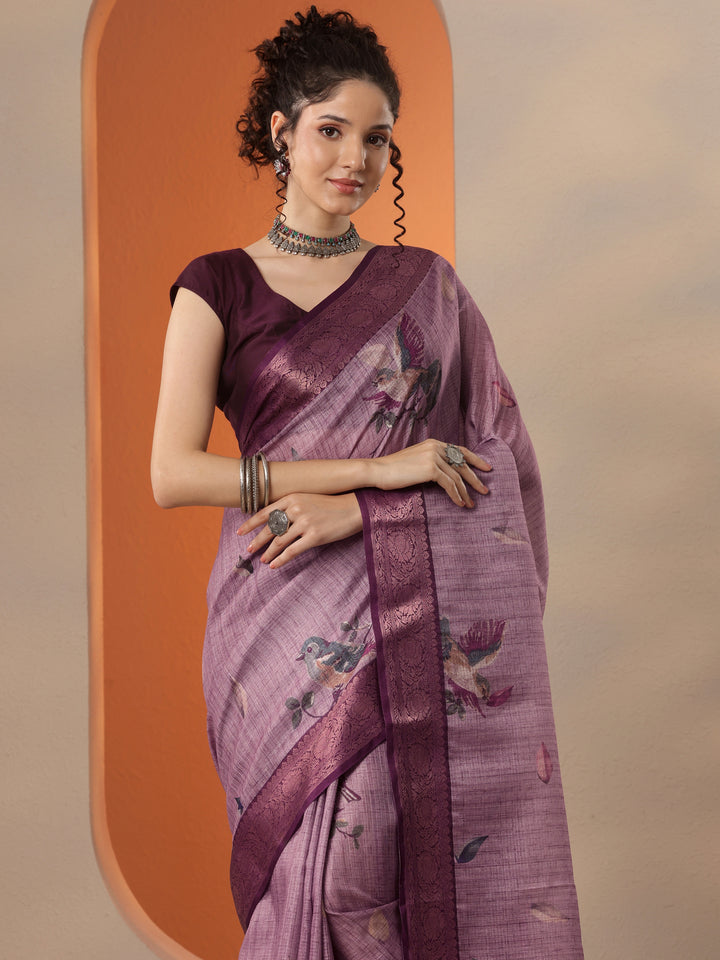 Lavender Printed Kota Saree With Unstitched Blouse Piece