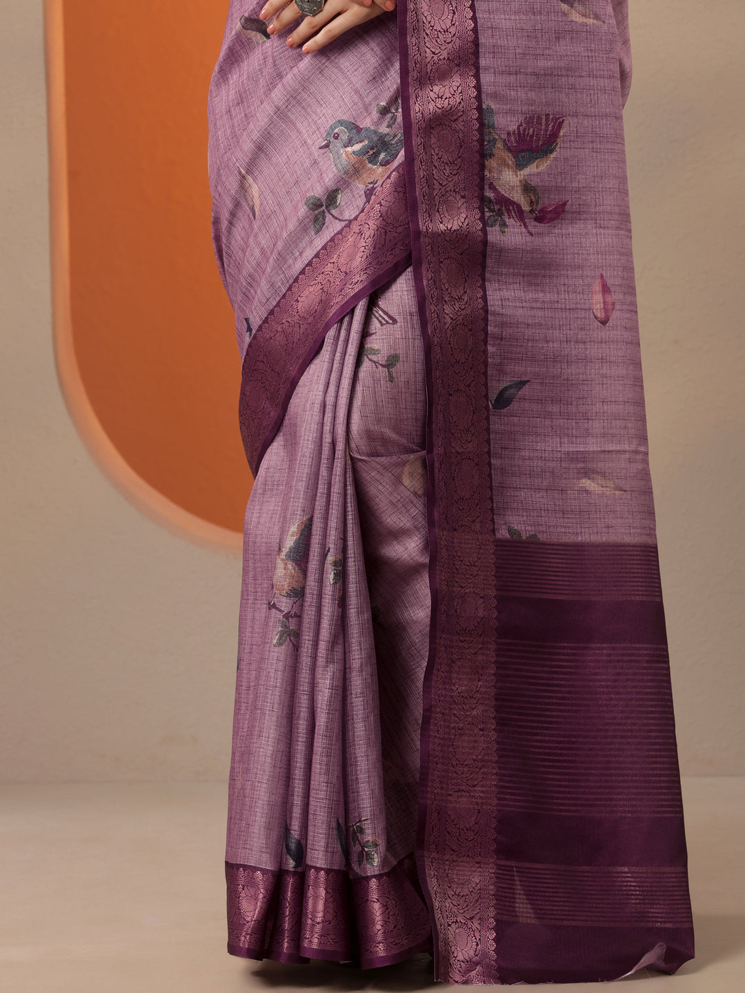 Lavender Printed Kota Saree With Unstitched Blouse Piece