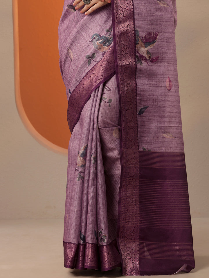 Lavender Printed Kota Saree With Unstitched Blouse Piece