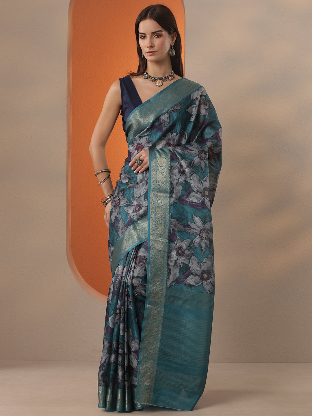 Blue Printed Kota Saree With Unstitched Blouse Piece