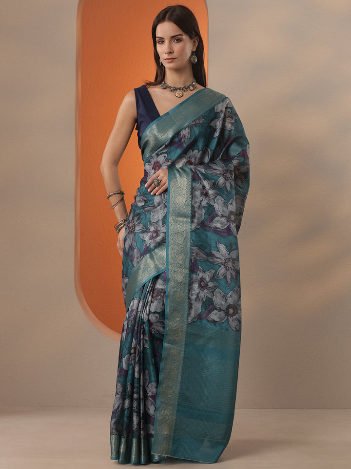 Blue Printed Kota Saree With Unstitched Blouse Piece