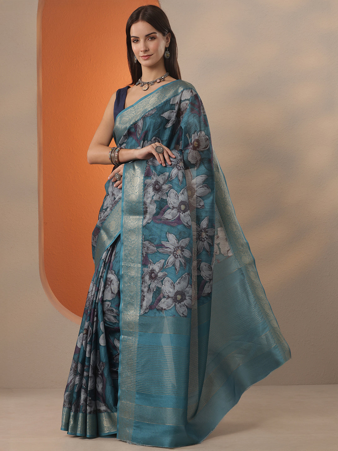 Blue Printed Kota Saree With Unstitched Blouse Piece