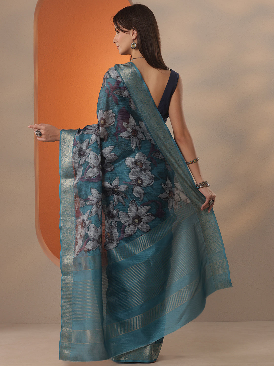 Blue Printed Kota Saree With Unstitched Blouse Piece