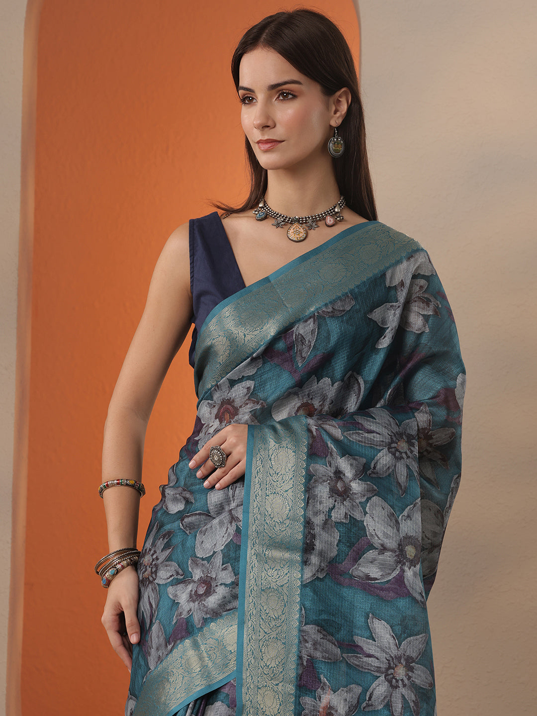 Blue Printed Kota Saree With Unstitched Blouse Piece